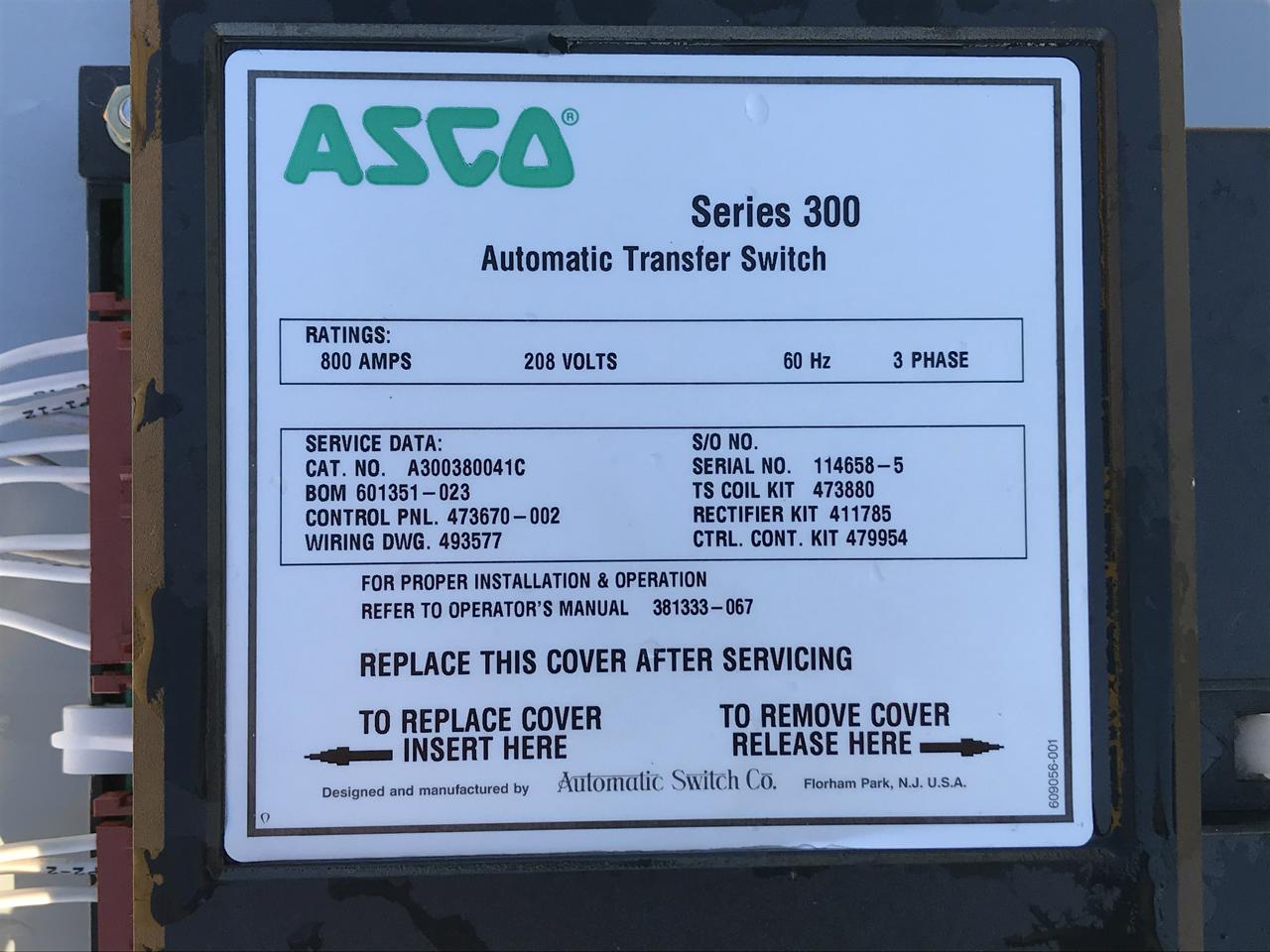 800 Amp Asco Transfer Switch, 3 Wire, 208 volts, 3 Phase