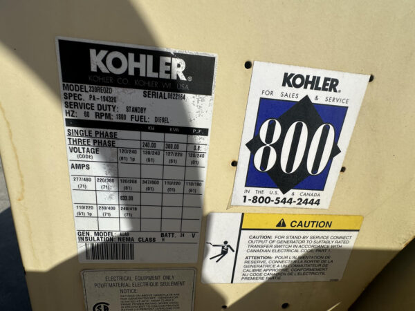 Kohler Generator End, 240 kW, 750 Hours, Load Tested Take Off S60 DDet Engine - Image 9