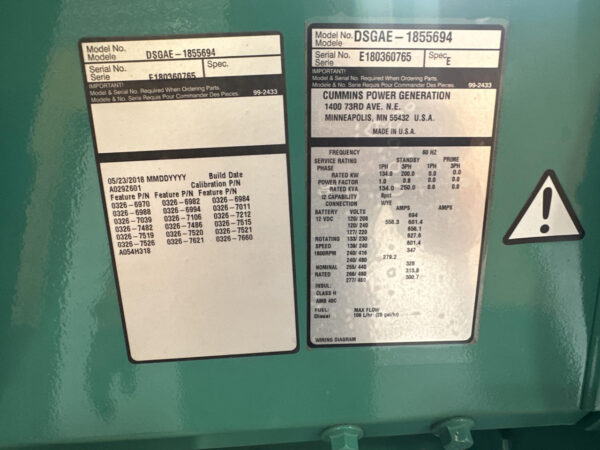 _200 kW Onan/Cummins Gen Set, Open Skid with Fuel Tank, Year - 2018, 11 Hours, US EPA Tier 3 Pre Emissions - Image 10