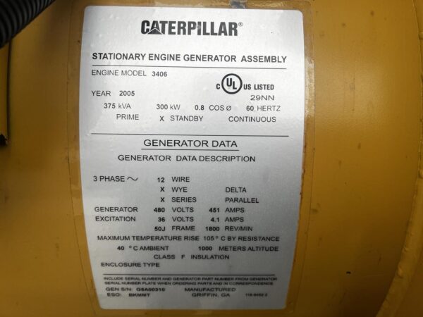 _300 kW CAT 3406C Generator, Open Skid, Year  - 2005, 381 Hours - Image 13