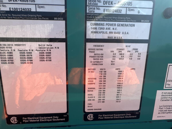 _500 kW Cummins/Onan QSX15  Gen Set, Open Skid, Year - 2010, 502 Hours, US EPA Tier 3 Pre Emissions - Image 9