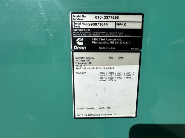 Onan/Cummins Automatic Transfer Switch, 400 Amp, 240 Volts, 3 Poles, Nema 1 - Image 13