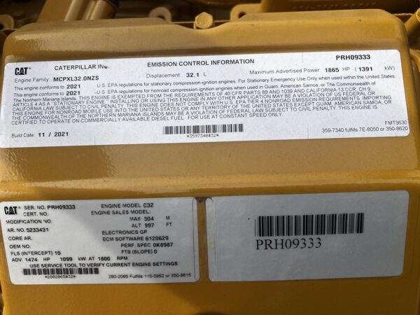 1000 kW Cat C32 Gen Set, Open Skid, Year - 2021, 27 Hours since new, US EPA Tier 2 Pre Emission Engine - Image 11