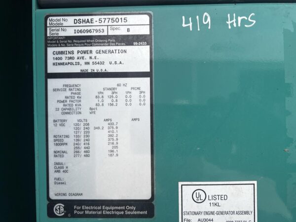 _125 kW Cummins/Onan Generator, with Sound Attenuated Enclosure and Base Fuel Tank, QSL9 Cummins Engine, Year - 2006, 419 Hours, US EPA Tier 3 Pre Emission Engine - Image 14