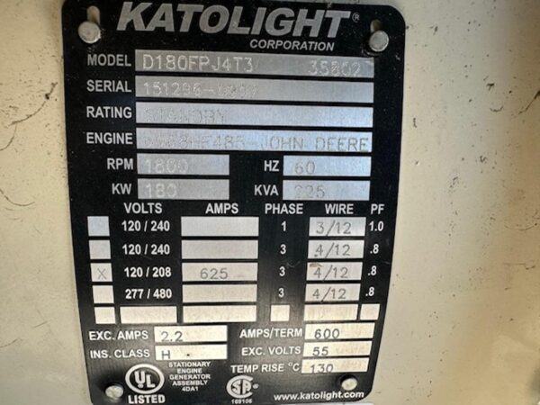 _180 kW Katolight Generator,with Sound Enclosure and Base Fuel Tank, 6.8 Liter John Deere Engine, Year - 2007, 705 Hours, US EPA Tier 3 Pre Emission Engine - Image 16
