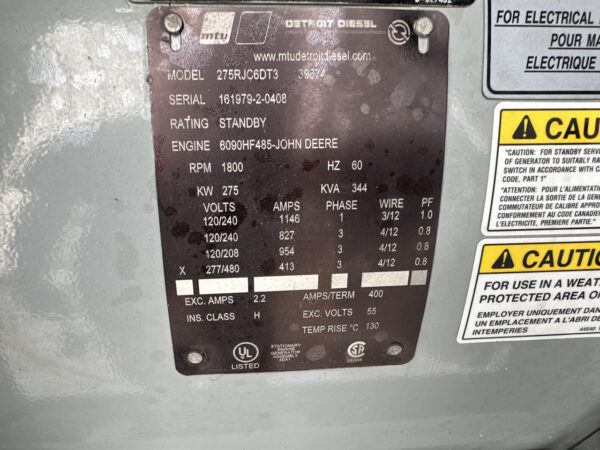 _275 kW MTU Generator, with Enclosure, 9 Liter John Deere Engine, 142 Hours, US EPA Tier 3 Pre Emission - Image 15
