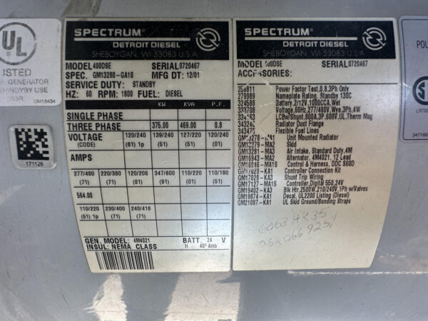 _375 kW Spectrum/Kohler Generator, with Sound Attenuated Enclosure and Base Fuel Tank, 14 Liter S60 Detroit Diesel Engine, Year - 2001 - Image 14