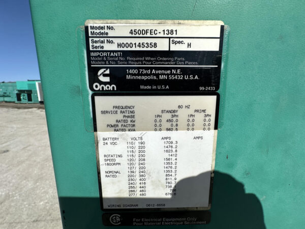 _450 kW Open Skid Cummins/Onan Generator, with KTA 19G3 Cummins Engine, Year - 2000, 786 Hours - Image 15