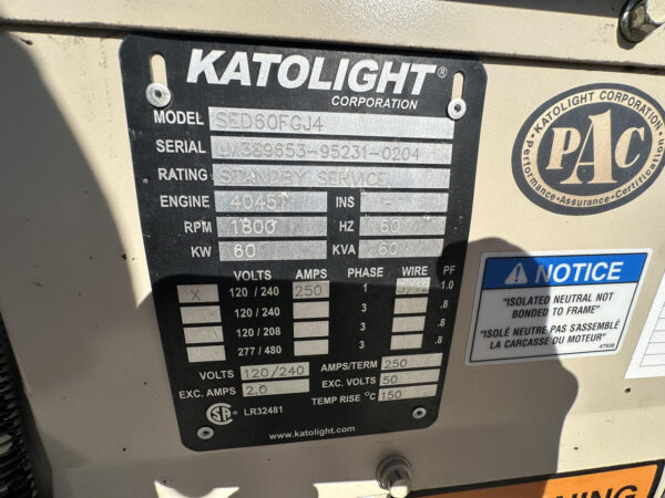 __60 kW Katolight Generator, with Enclosure and Base Fuel Tank, 4.5 John Deere Engine, 391 Hours, Year - 2004 - Image 16