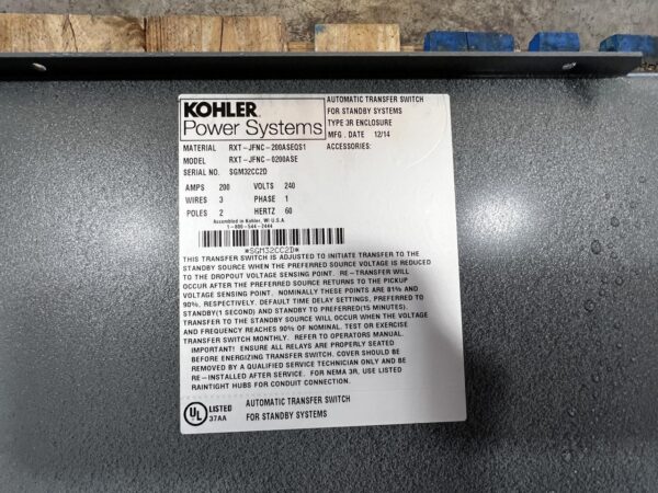 Kohler Automatic Transfer Switch, 200 A, Service Entrance Rated, Year - 2014, 3 Wires/2 Poles, 1 Phase, Nema 3 Enclosure - Image 7