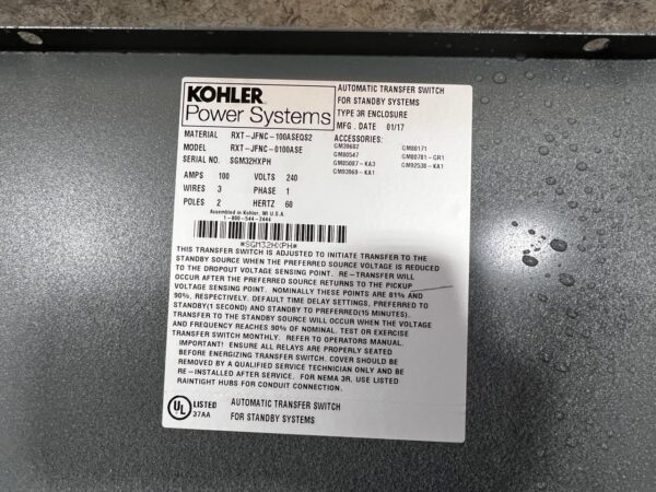 Kohler Automatic Transfer Switch, 100 Amp, Service Entrance Rated, Year -2017, Nema 3 Enclosure - Image 8