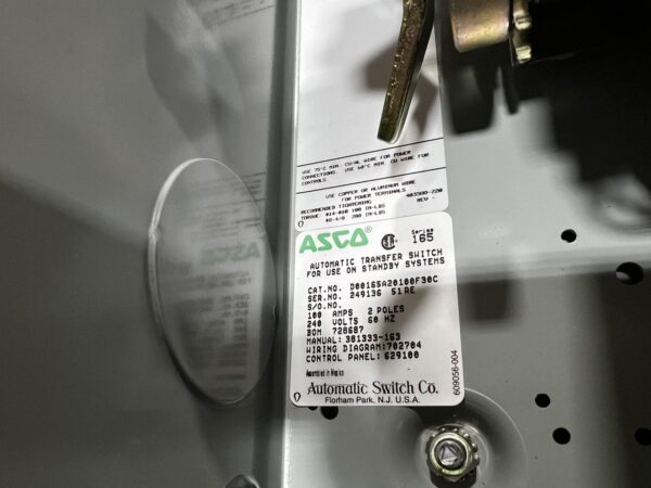 Asco Automatic Transfer Switch, 100 Amp, Nema 1 Enclosure, 240 Volt, Single Phase - Image 8