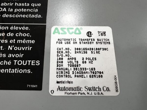Asco Automatic Transfer Switch, 100 Amp, Nema 1 Enclosure, 240 Volt, Single Phase - Image 10
