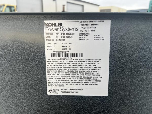 Kohler Service Entrance Rated Automatic Transfer Switch, 200 Amp, 1 Phase, 240 Volt, Year - 2016, Nema 3 Enclosure - Image 6
