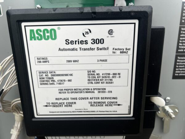 Asco Automatic Transfer Switch, 300 Series, 200 Amp, 208 Volt, 3 Phase, with Nema 1 Enclosure - Image 8
