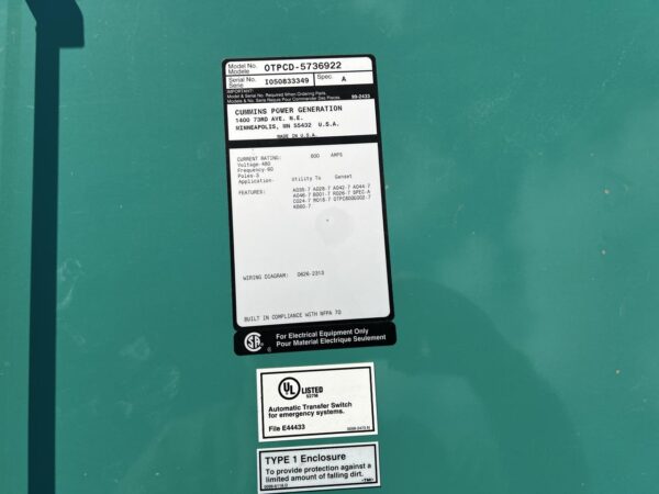 Cummins/Onan Automatic Transfer Switch, 480 Volt, 3 Phase in Nema 1 Enclosure - Image 13