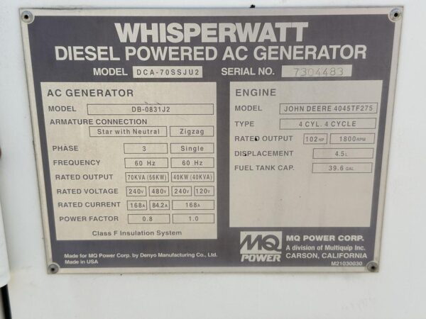 __70 KVA/40 kW  MQ Power Corp. Generator, John Deere Engine, Rental Grade, Year - 2005, 564 Hours - Image 21