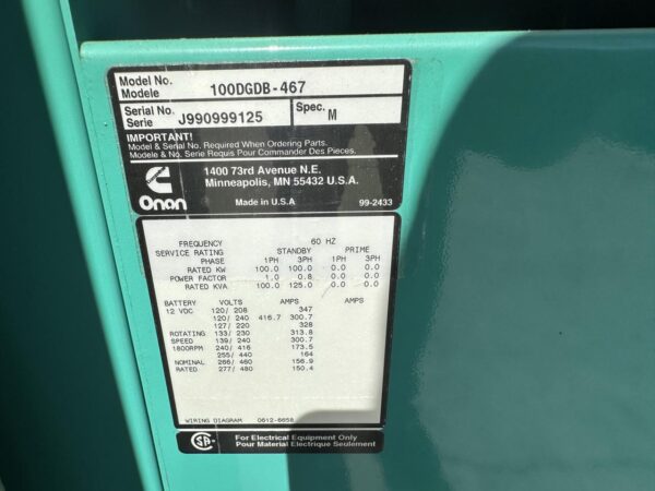 _100 kW Cummins/Onan Generator, with Enclosure and Base Fuel Tank, 6BT - 5.9 Liter Cummins Engine, Year - 1999, 400 Hours - Image 19
