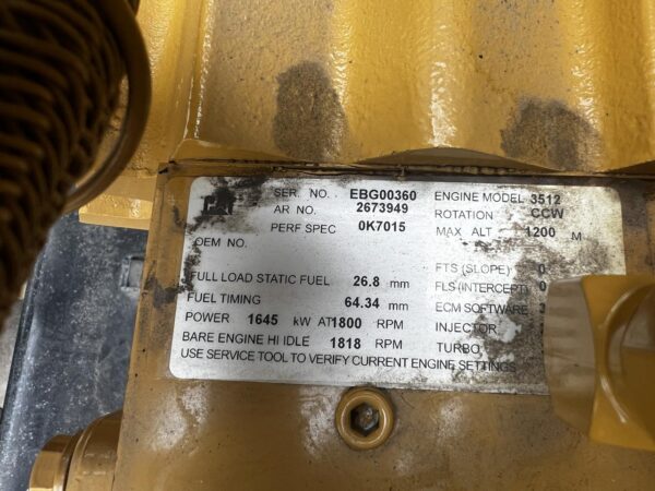 1500 kW 3512C CAT Gen Set , Year - 2008, open skid, 625 Hours, 4160 Volts, US EPA Tier 2 Flex Pre Emissions - Image 14