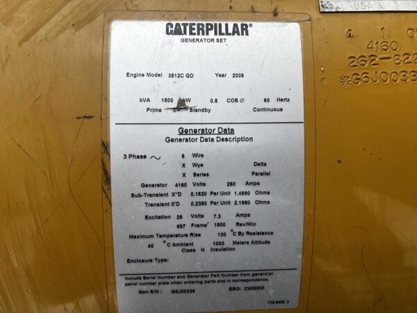 1500 kW 3512C CAT Gen Set , Year - 2008, open skid, 625 Hours, 4160 Volts, US EPA Tier 2 Flex Pre Emissions - Image 20