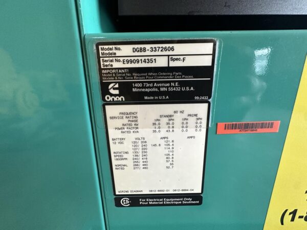 __35 kW Cummins/Onan Generator, 4B-3.9 Liter Cummins Engine, Year - 1999 - Image 12