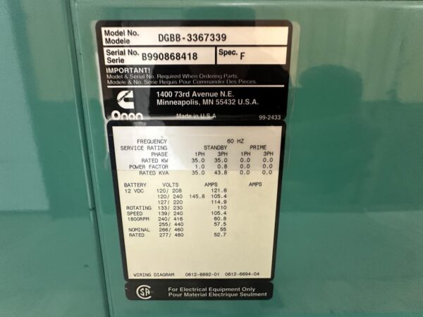 __35 kW Cummins/Onan Generator,4B-3.9 Liter Cummins Engine, Year - 1999, 1832 Hours - Image 9