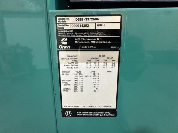 __35 kW Cummins/Onan Generator, 4B-3.9 Liter Cummins Engine, Year - 1999, 1355 Hours - Image 7