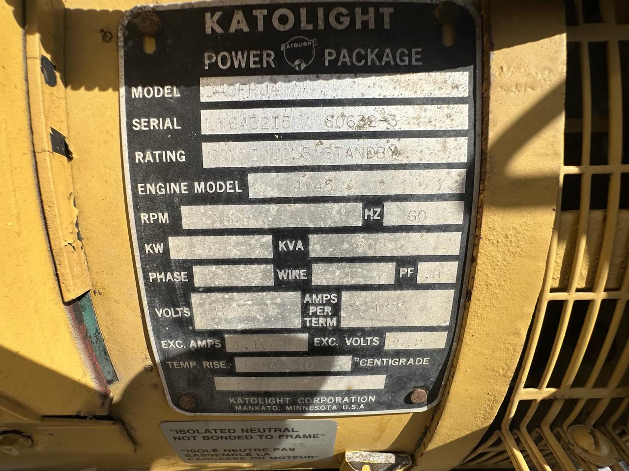 __40 kW Katolight Generator, 4.5 Liter John Deere Engine, 1002 Hours, Open Skid with Base Fuel Tank - Image 14