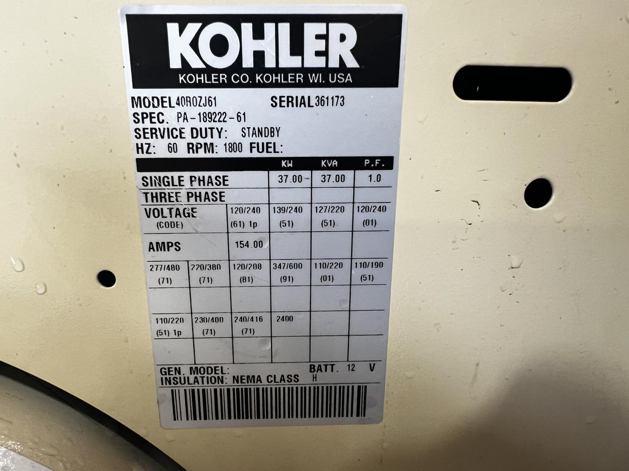 __40 kW Kohler Generator, with Base Tank 3.9 Liter John Deere Engine, Year - 1994, 1929 Hours - Image 12