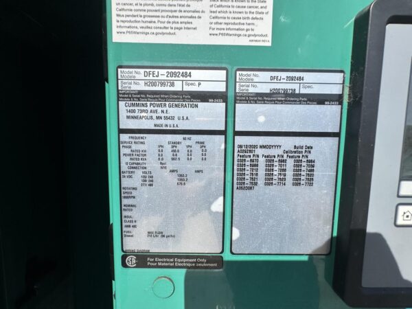 _450 kW Cummins/Onan Generator, with Enclosure and Base Tank, QSX15 Liter Cummins Engine, Year - 2020, 395 Hours, US EPA Tier 2 - Image 8