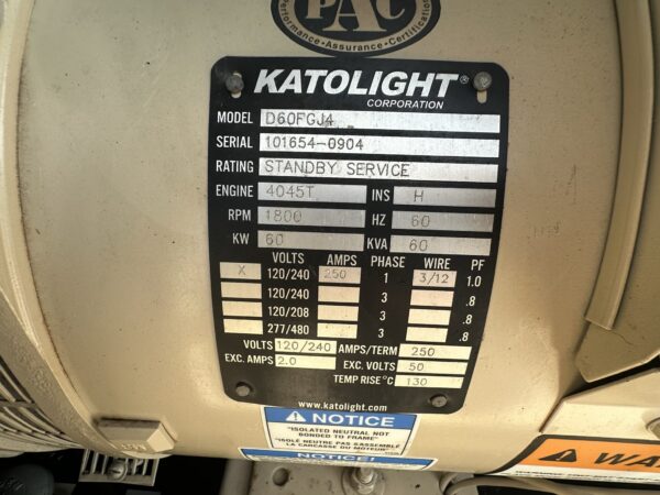 __60 kW  Katolight Generator, Enclosed with Fuel Tank 4.5 Liter John Deere Engine, 513 Hours - Image 11