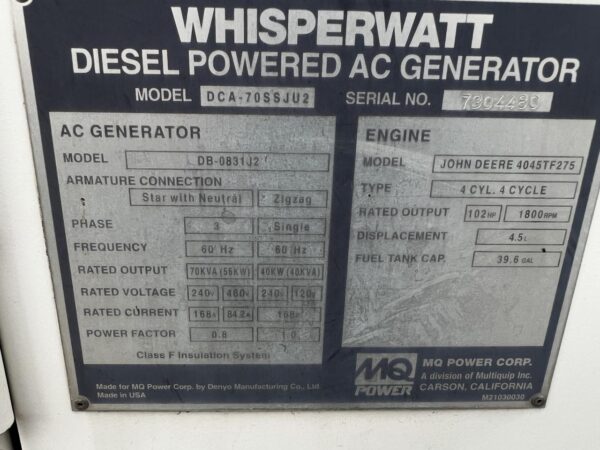 __70 KVA/40 kW MQ Power Corp Generator, John Deere Engine, Rental Grade, Year - 2005, 1362 Hours - Image 17
