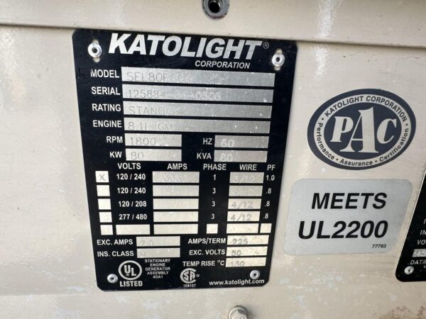 __80 kW 1 PH - 100 kW 3 PH  Katolight Generator, with Enclosure 8.1 Liter PSI Engine, 647 Hours, Natural Gas or Propane - Image 9