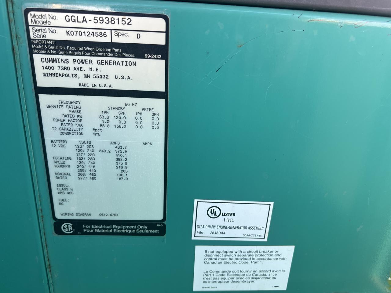 _125 kW Cummins/Onan Generator, with Enclosure, 8.1 Liter PSI Engine, Year - 2007, 365 Hours, Natural Gas or Propane - Image 15