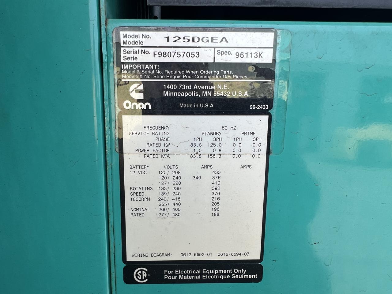 _125 kW Cummins/Onan Generator, 8.3 Liter Cummins Engine, 1072 Hours, with Enclosure & Base Tank - Image 16