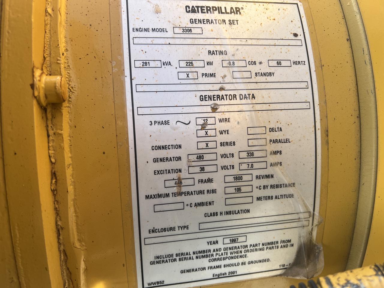 _225 kW Cat 3306 DI Gen Set, Year - 1997, Hours - 7145, Open Skid - Image 12