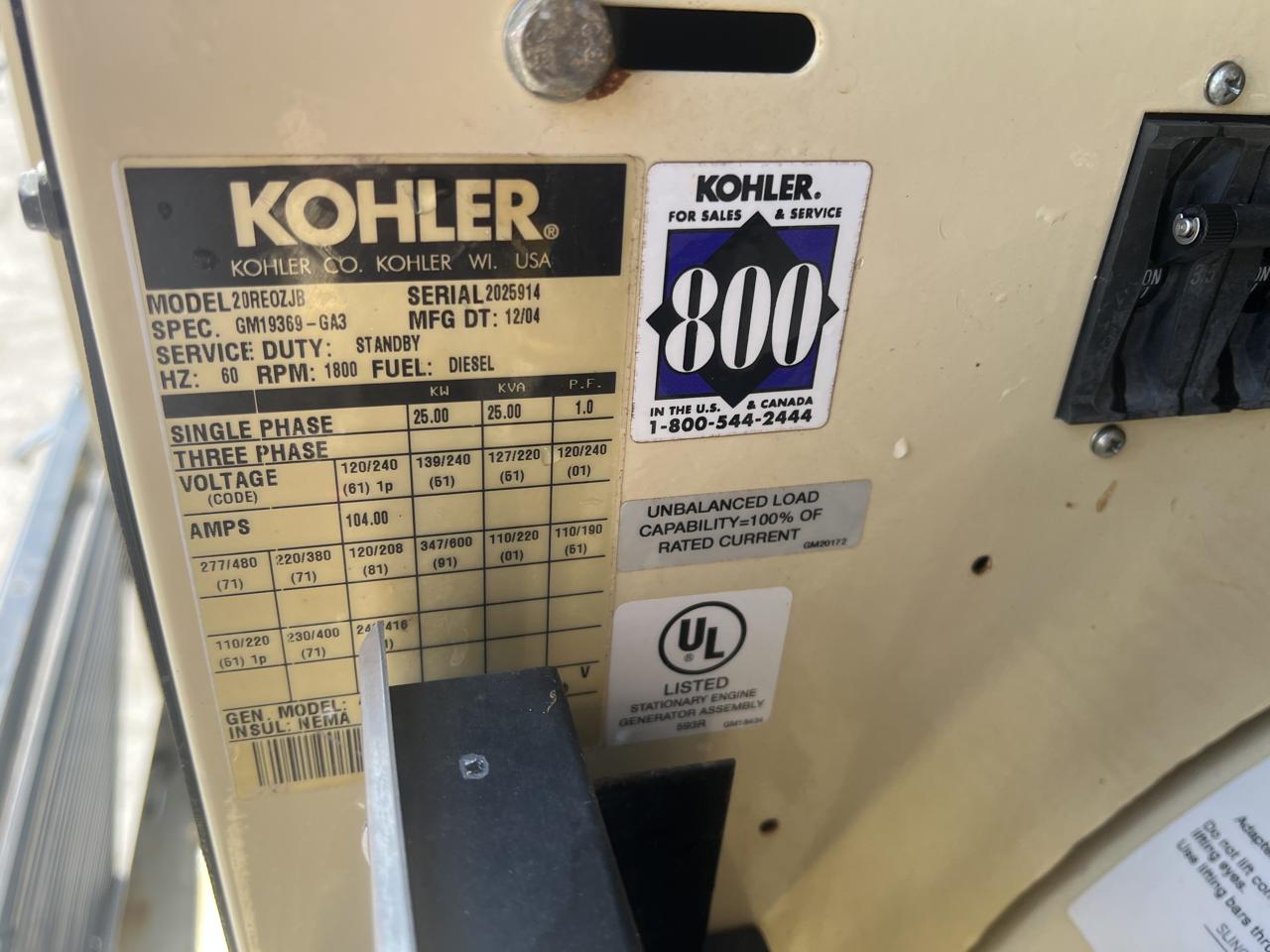 __25 kW Kohler Generator, John Deere Engine, with Enclosure and Base Fuel Tank, Year - 2004, 584 Hours - Image 14