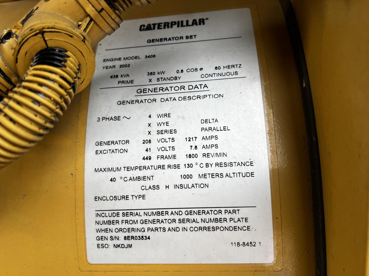 _350 kW CAT Generator, with Enclosure and Base Fuel Tank 3406 C Diesel Engine, Year - 2002, 552 Hours - Image 10
