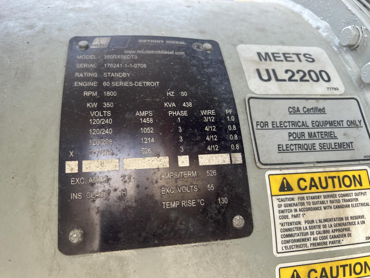 _350 kW MTU Generator, 14 Liter Series 60 Detroit Diesel Engine, with Enclosure and Base Fuel Tank, Year - 2008, 706 Hours, US EPA Tier 3 - Image 12