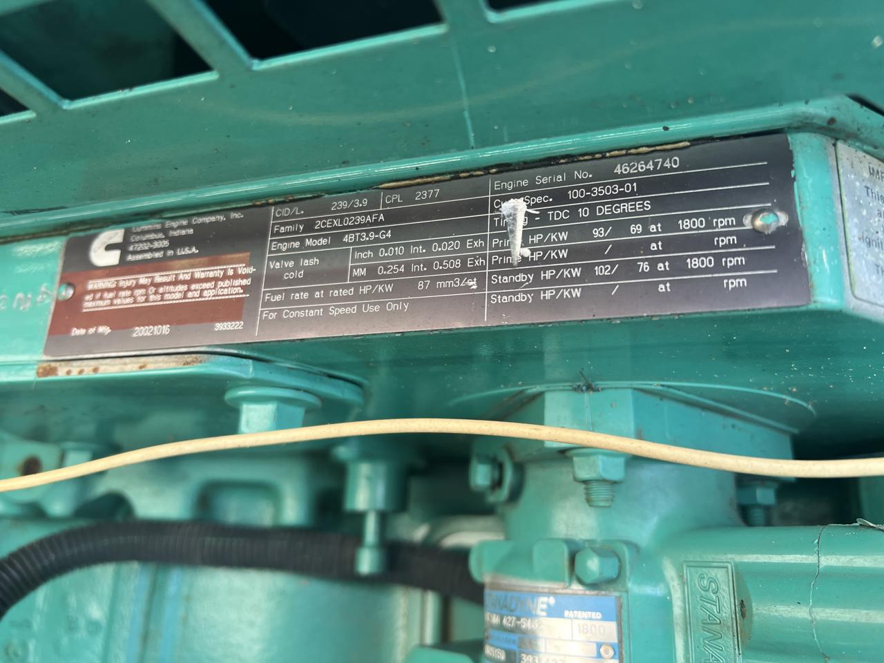 __60 kW Cummins/Onan GenSet, with Enclosure and Base Fuel Tank, 3.9 Liter Cummins Diesel Engine, Year - 2002, 725 Hours - Image 11