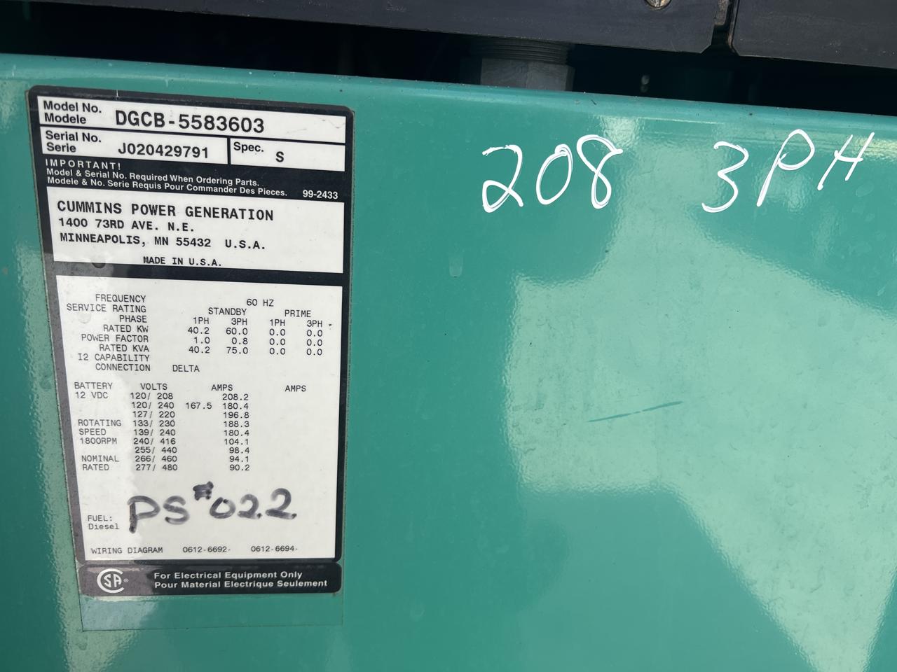 __60 kW Cummins/Onan GenSet, with Enclosure and Base Fuel Tank, 3.9 Liter Cummins Diesel Engine, Year - 2002, 725 Hours - Image 15