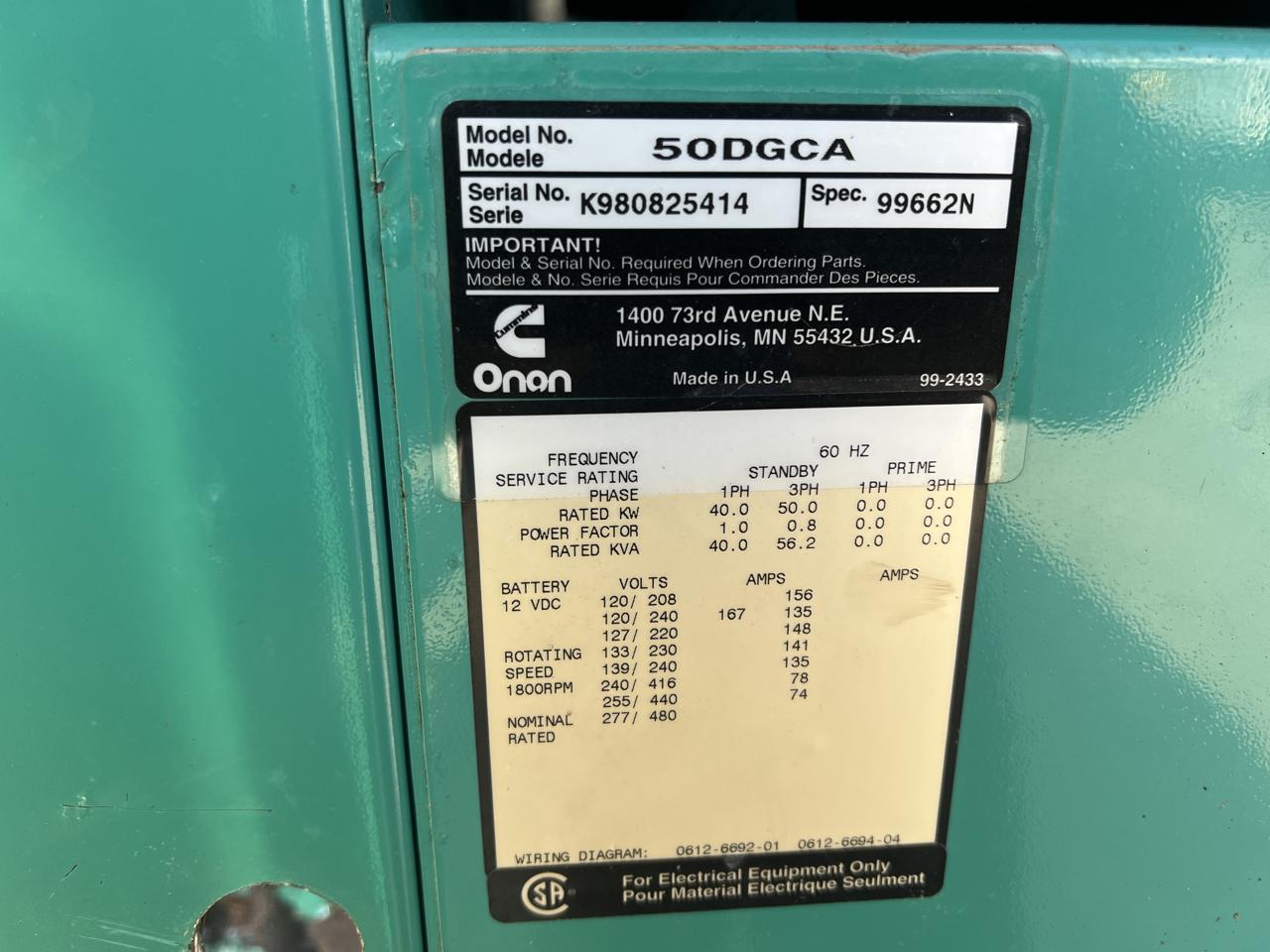 __50 kW Cummins/Onan Generator, with Enclosure and Base Tank 3.9 Cummins Engine, Enclosed, Year - 1998, 1247 Hours - Image 10