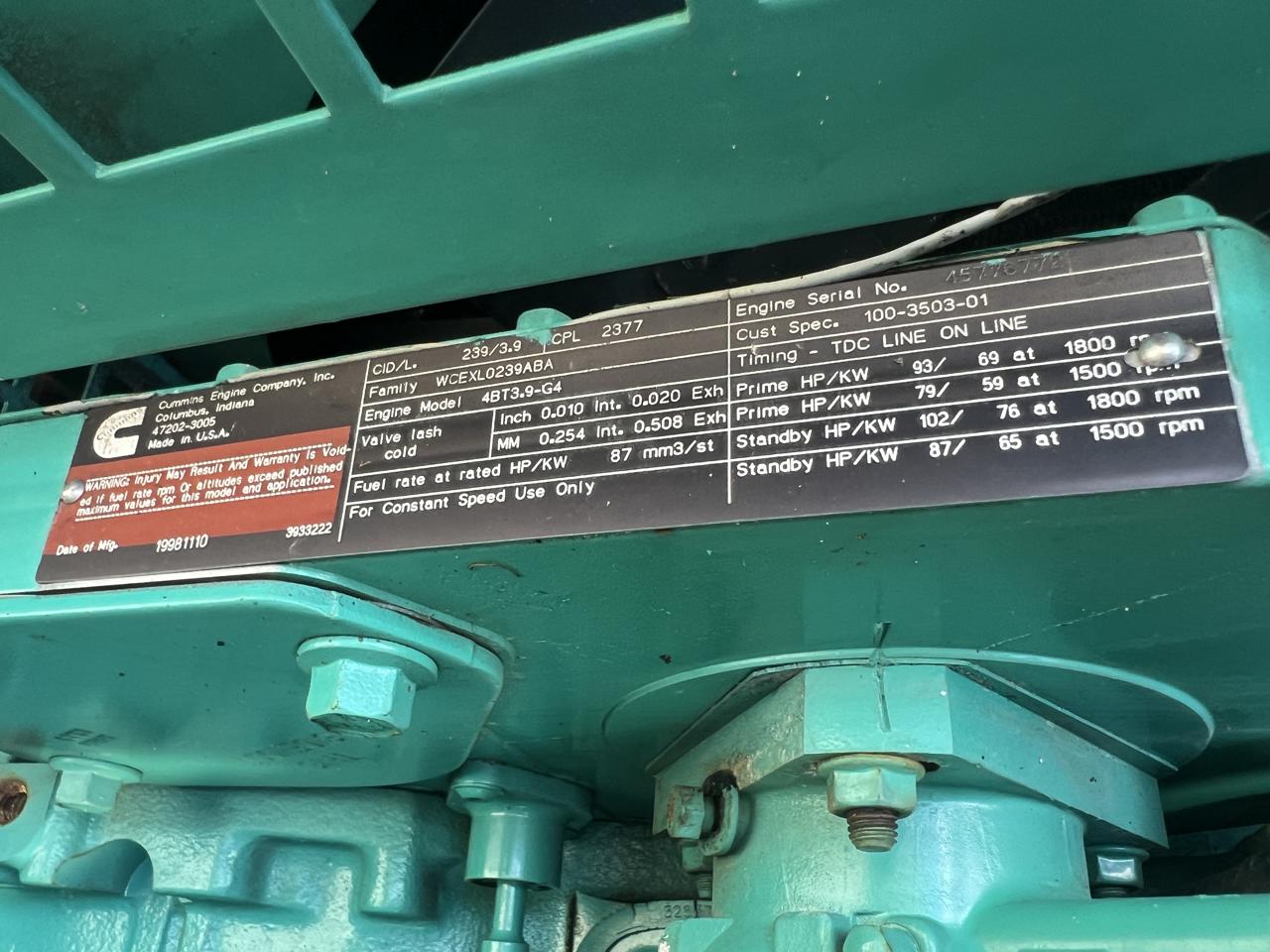 __50 kW Cummins/Onan Generator, with Enclosure and Base Tank 3.9 Cummins Engine, Enclosed, Year - 1998, 1247 Hours - Image 7