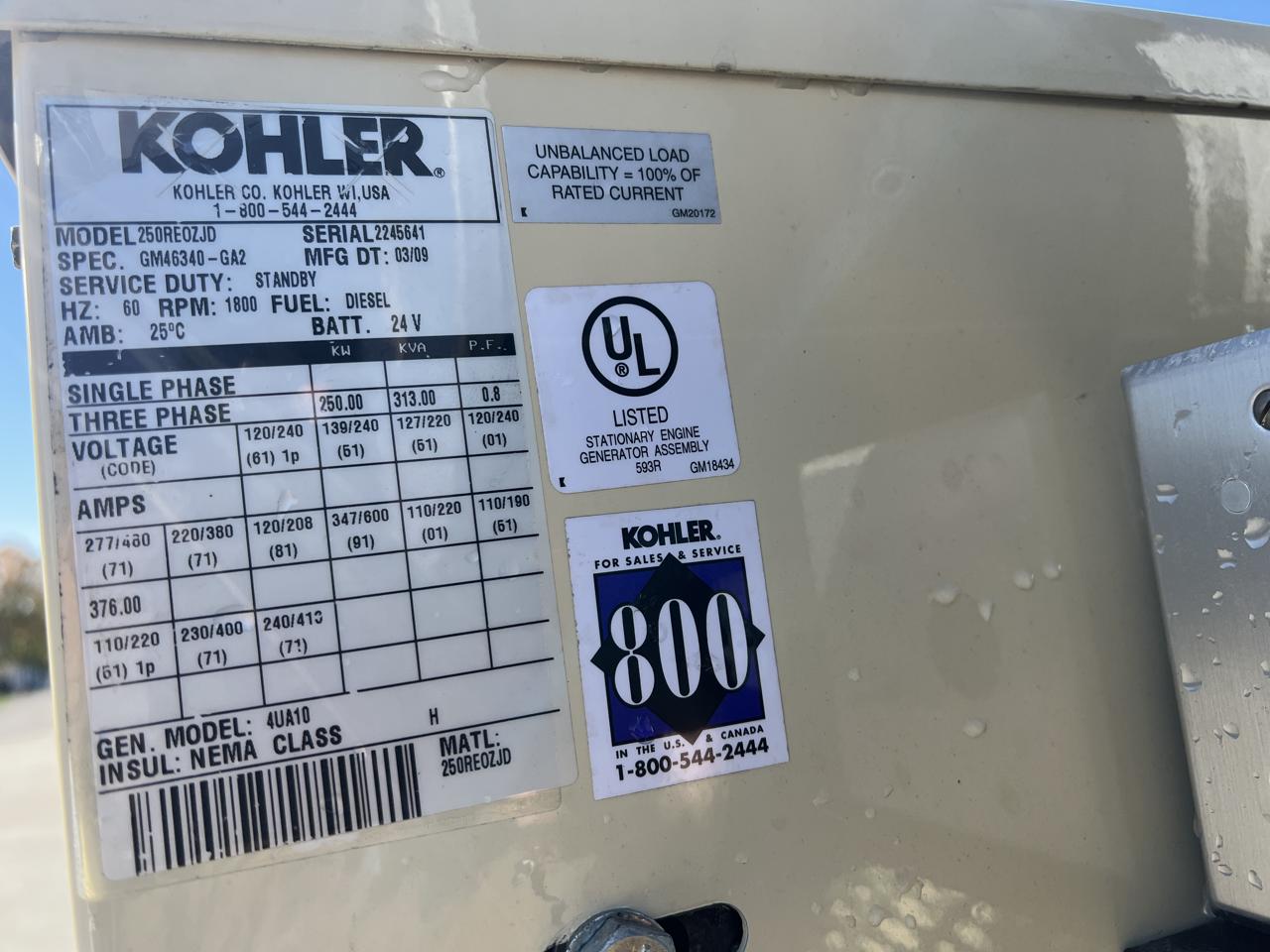 _250 kW Kohler Generator, with Base Fuel Tank, 9.0 Liter John Deere Engine, Year - 2009, 15 Hours, US EPA Tier 3, Pre Emission Engine - Image 12