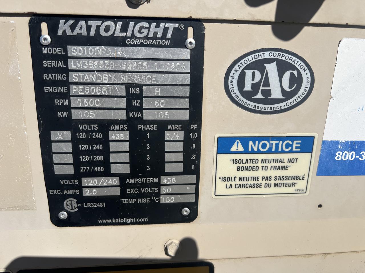 _105 kW Katolight Generator, 6.8 Liter John Deere Engine, 788 Hours, Open Skid - Image 17