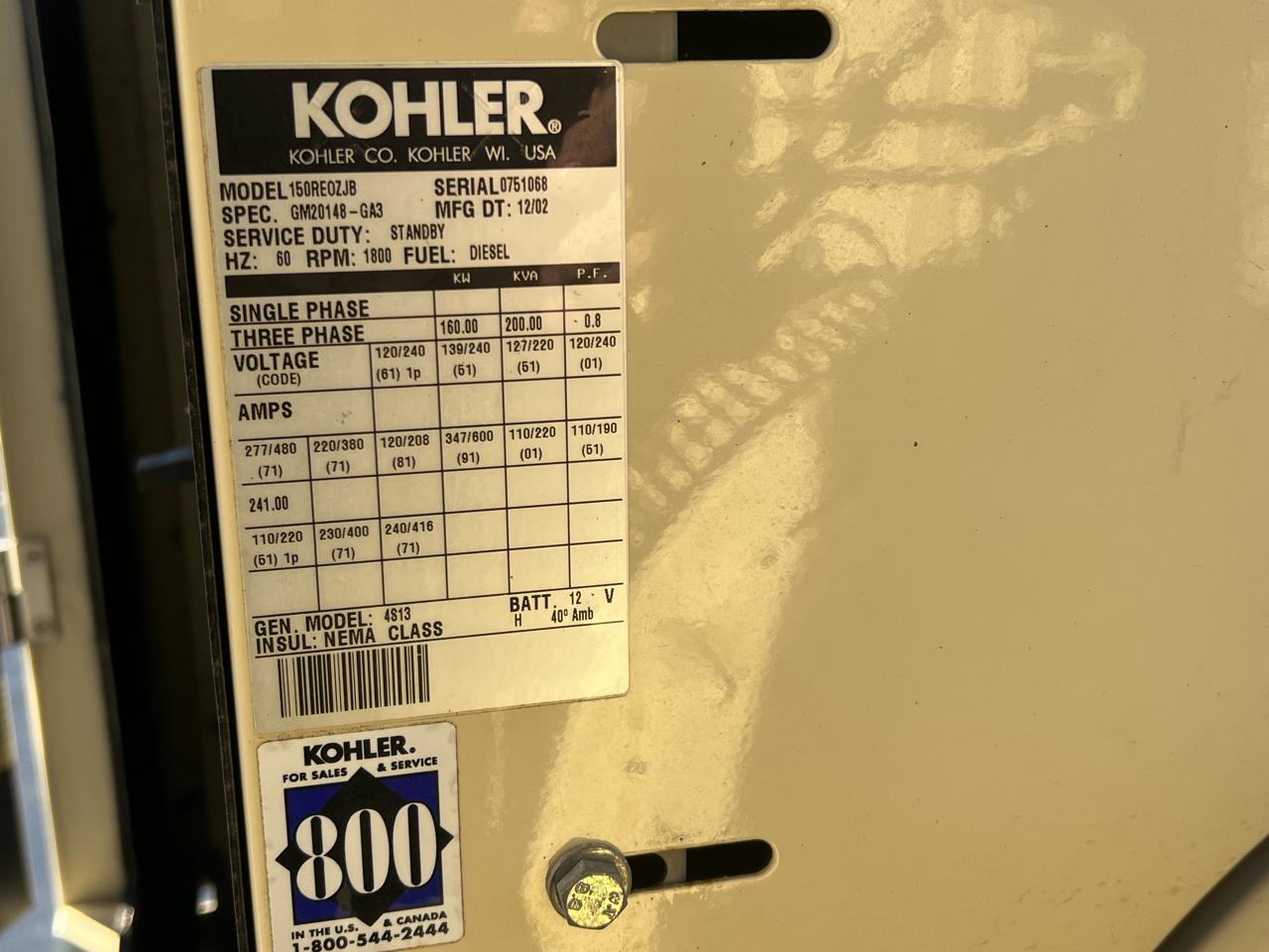 _150 kW Kohler Generator, with Sound Attenuated Enclosure and Base Fuel Tank, 6.1 Liter John Deere Engine, Year - 2002, 246 Hours - Image 13