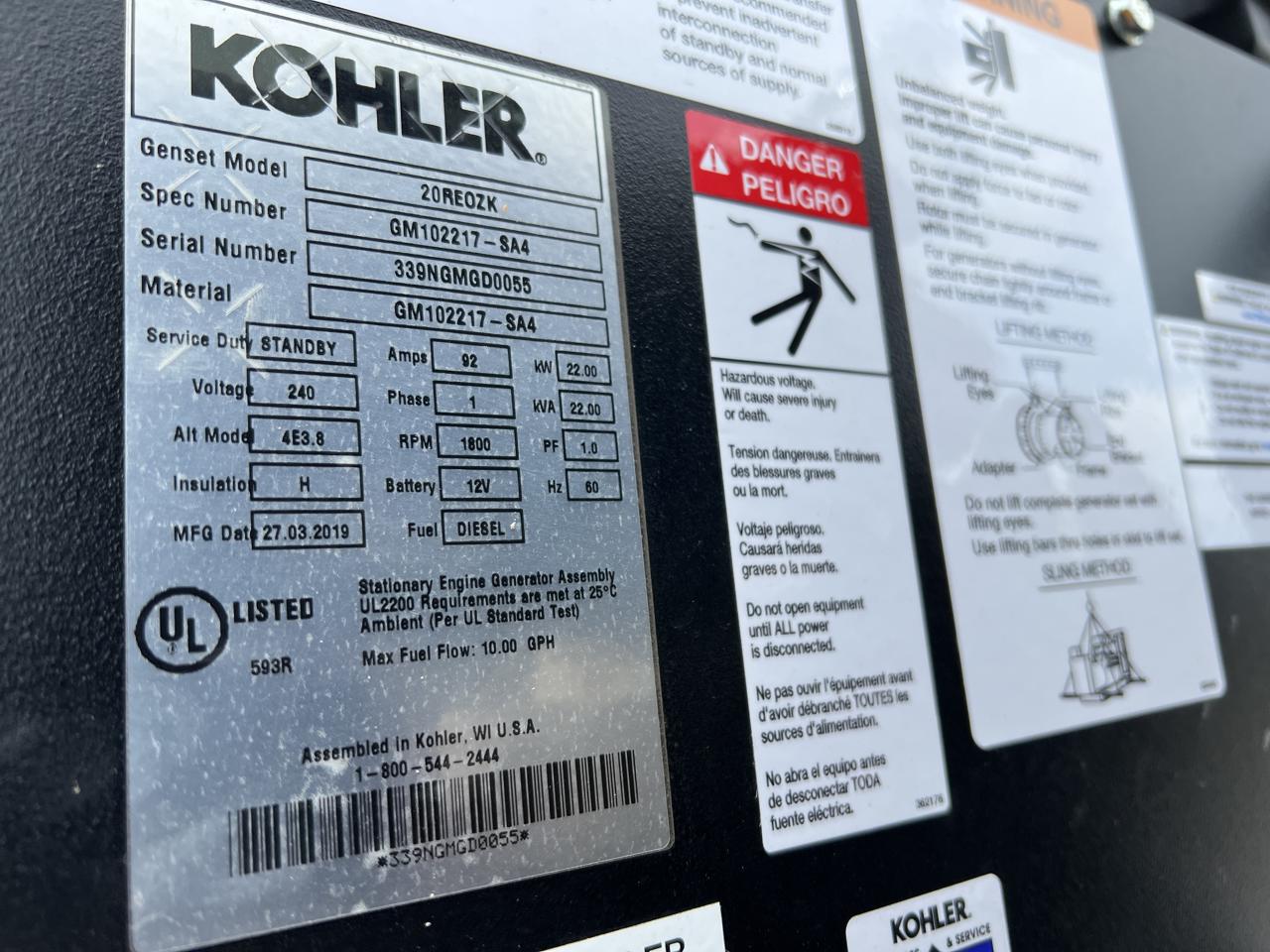 __22 kW Kohler Gen Set, Unused Surplus with Base Fuel Tank, Diesel, Year 2019, 0.5 Hours, - Image 12