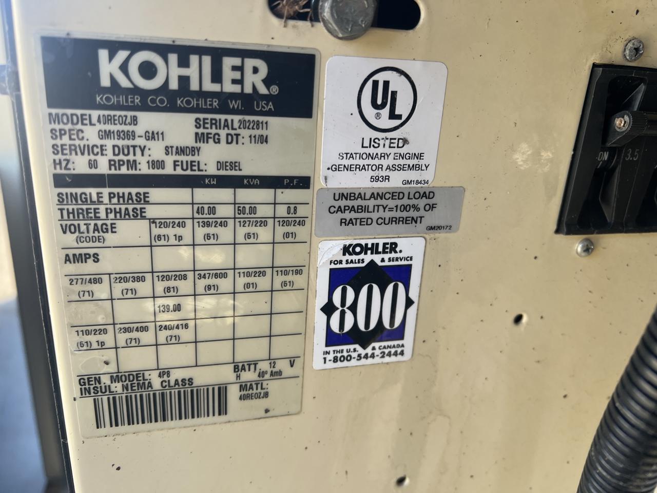 __40 kW Kohler Generator, with Enclosed and Base Fuel Tank, 2.9 Liter John Deere Engine, Year - 2004, 730 Hours - Image 14