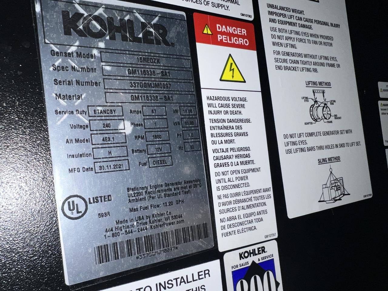 __15 kW Kohler Diesel Gen Set, Year - 2021, 4 Hours, Sound Attenuated Enclosure and Base Fuel Tank, US EPA Tier 3 Pre Emission Engine - Image 10