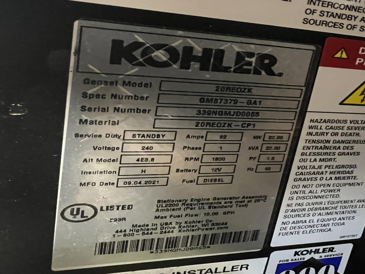 __22 kW Kohler Diesel Gen Set, Sound Attenuated Enclosure and Base Fuel Tank, Year - 2020, 5 Hours, US EPA Tier 3 Pre Emision Engine - Image 15